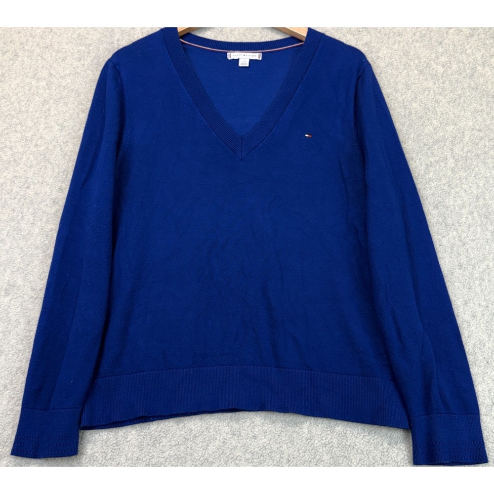 Tommy Hilfiger Womens Sweater Blue V-Neck Knit Pullover Long Sleeve Logo L